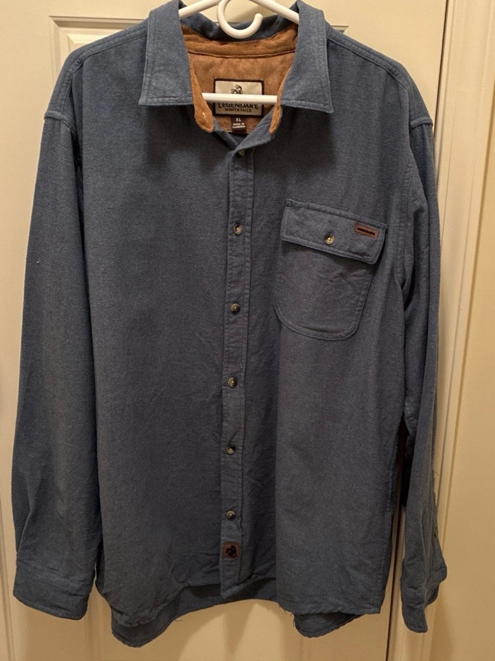 Legendary Whitetails Men's Slate Blue Button-Down Shirt with Brown Collar Trim